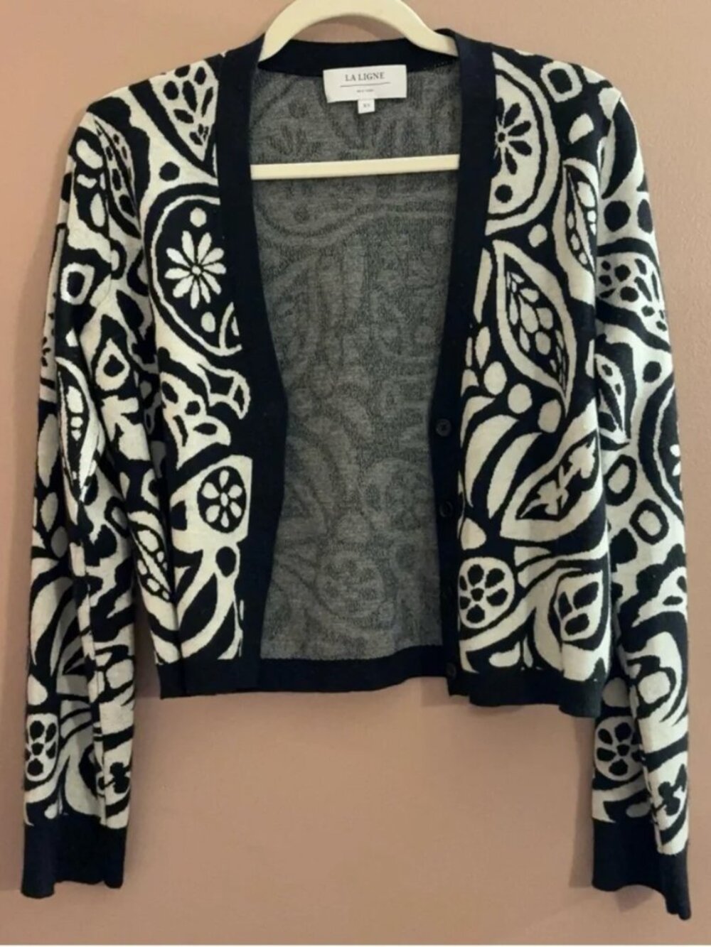 La Linge Black White Floral Cardigan Sweat Merino Wool V-Neck Button Portia